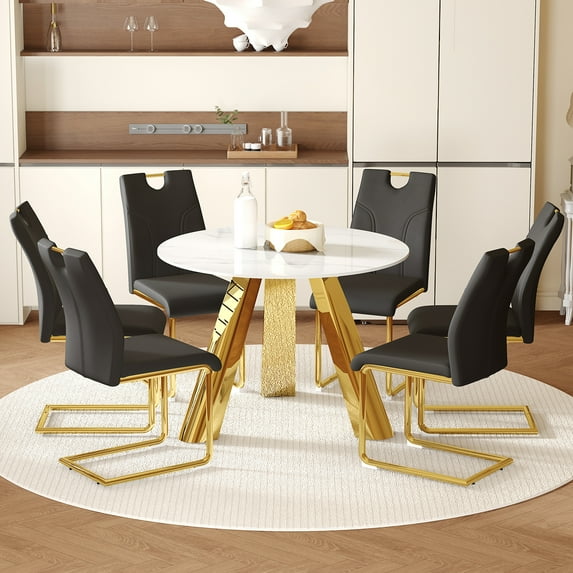 42" Round Dining Table Set, Snow Mountain White Sintered Stone Top w/ Black Chairs, Gold Legs, Seats 6, Modern Kitchen/Dining Room Furniture