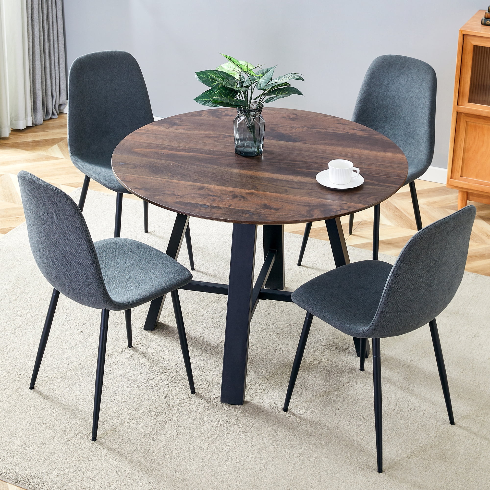 42" Round Dining Table Set for 4, Walnut Top with Dark Gray Chairs ...