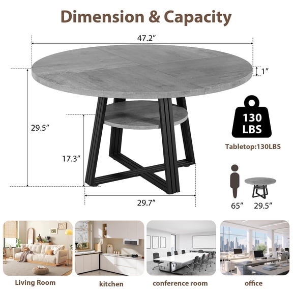 42" Round Dining Table for 4-6, Farmhouse Kitchen Table with Storage, Circle Dinner Tables for Kitchen, Dining Room, Living Room