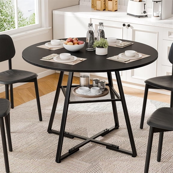 42" Round Dining Table for 4-6, Space-Saving Kitchen Table with Dual-Tier Storage, Industrial Style Coffee Table