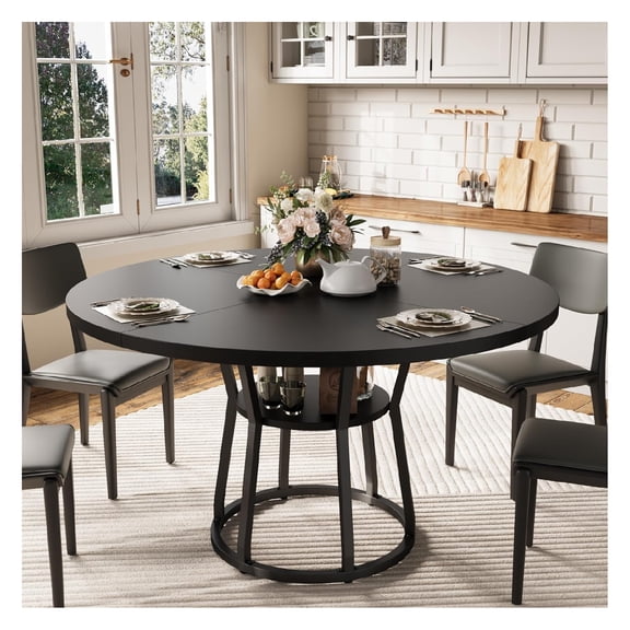 42" Round Farmhouse Dining Table for 4-6 People - Rustic Wood Kitchen Table with Storage Shelf, Space-Saving Circle Dinner Table for Small Spaces, Apartments, Dining Room & Living Room