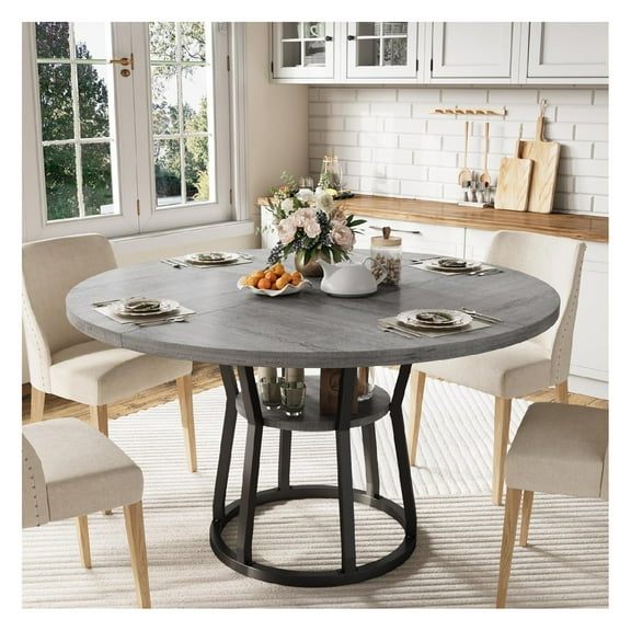 42" Round Farmhouse Dining Table for 4-6 People - Rustic Wood Kitchen Table with Storage Shelf, Space-Saving Circle Dinner Table for Small Spaces, Apartments, Dining Room & Living Room