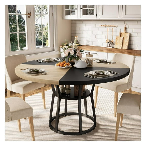 42" Round Farmhouse Dining Table for 4-6 People - Rustic Wood Kitchen Table with Storage Shelf, Space-Saving Circle Dinner Table for Small Spaces, Apartments, Dining Room & Living Room