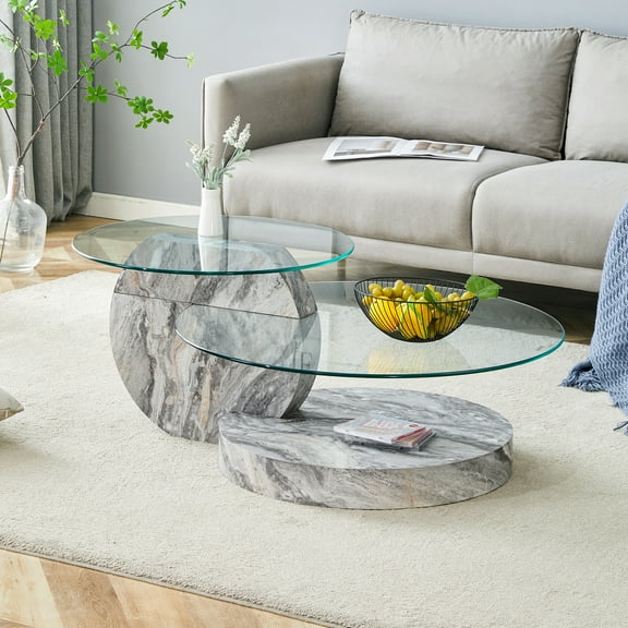 42" Round Glass Coffee Table, Modern Tempered Glass Coffee Tables for Living Room, 3-Tier Circle Coffee Table with Storage Clear Table for Small Space Home Office