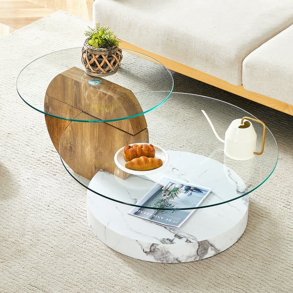 42" Round Glass Coffee Table, Modern Tempered Glass Coffee Tables for Living Room, 3-Tier Circle Coffee Table with Storage Clear Table for Small Space Home Office