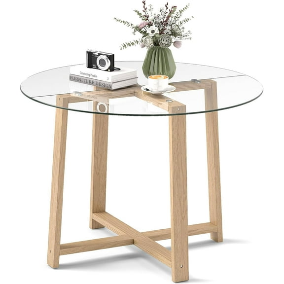 42" Round Glass Dining Table for 4-6, 0.3 Tempered Glass Tabletop with X-Shaped Rubber Wood Frame, Modern Kitchen Table for Home Kitchen Dining Room Breakfast Nook (Single Glass Tabletop)