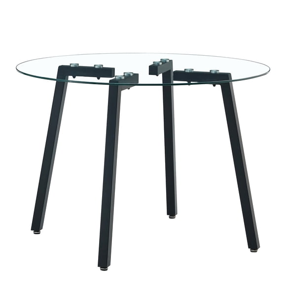 42" Round Glass Dining Table, Modern Tempered Glass Tabletop with Black Metal Legs, Minimalist Kitchen Table for Dining Room Living Room