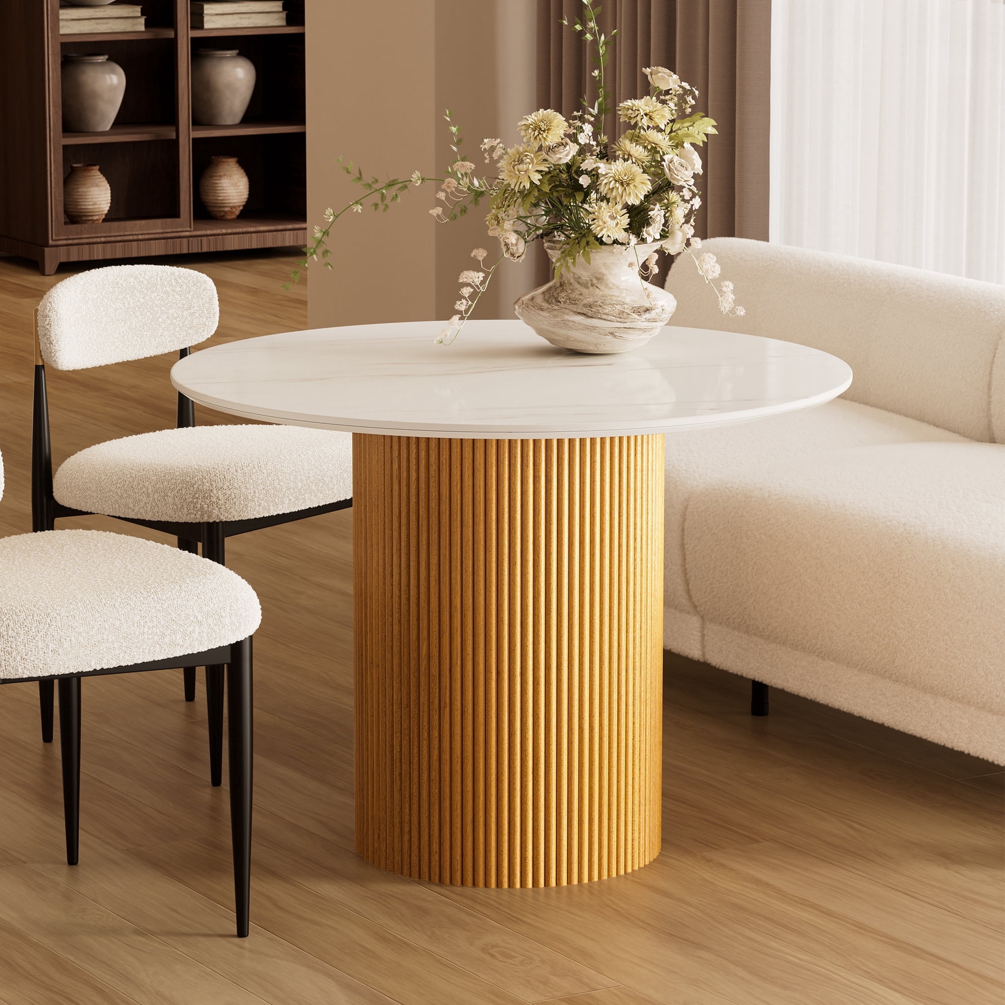 42" Round Marble Top Dining Table with Fluted Solid Wood Base, Sintered ...
