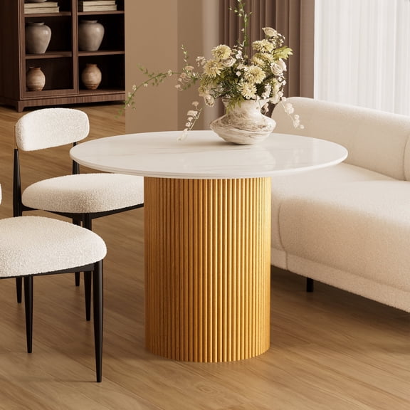 42" Round Marble Top Dining Table with Fluted Solid Wood Base, Sintered Stone Dining Table for 4, Modern Kitchen & Breakfast Nook