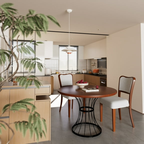 42" Round Oak Dining Set  Solid Wood-Look Veneer Table + 2 Upholstered Walnut-Finish Chairs, Heavy-Duty Iron Base, 3-Piece Kitchen Nook Furniture