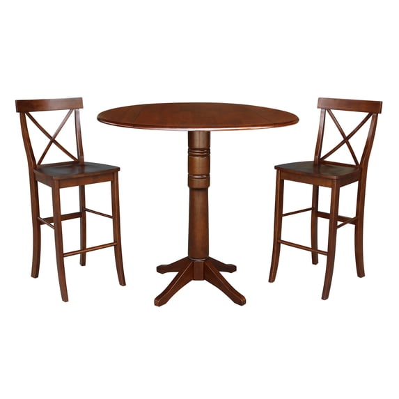 42" Round Pedestal Bar Height Table with Two Bar Height Stools Espresso