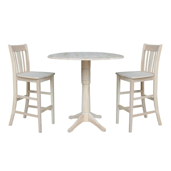42" Round Solid Wood Bar Height Table with Two Stools -Unfinished