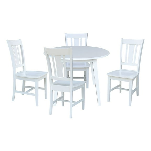 42" Round Solid Wood Dual Drop Leaf Table with 4 Chairs in White