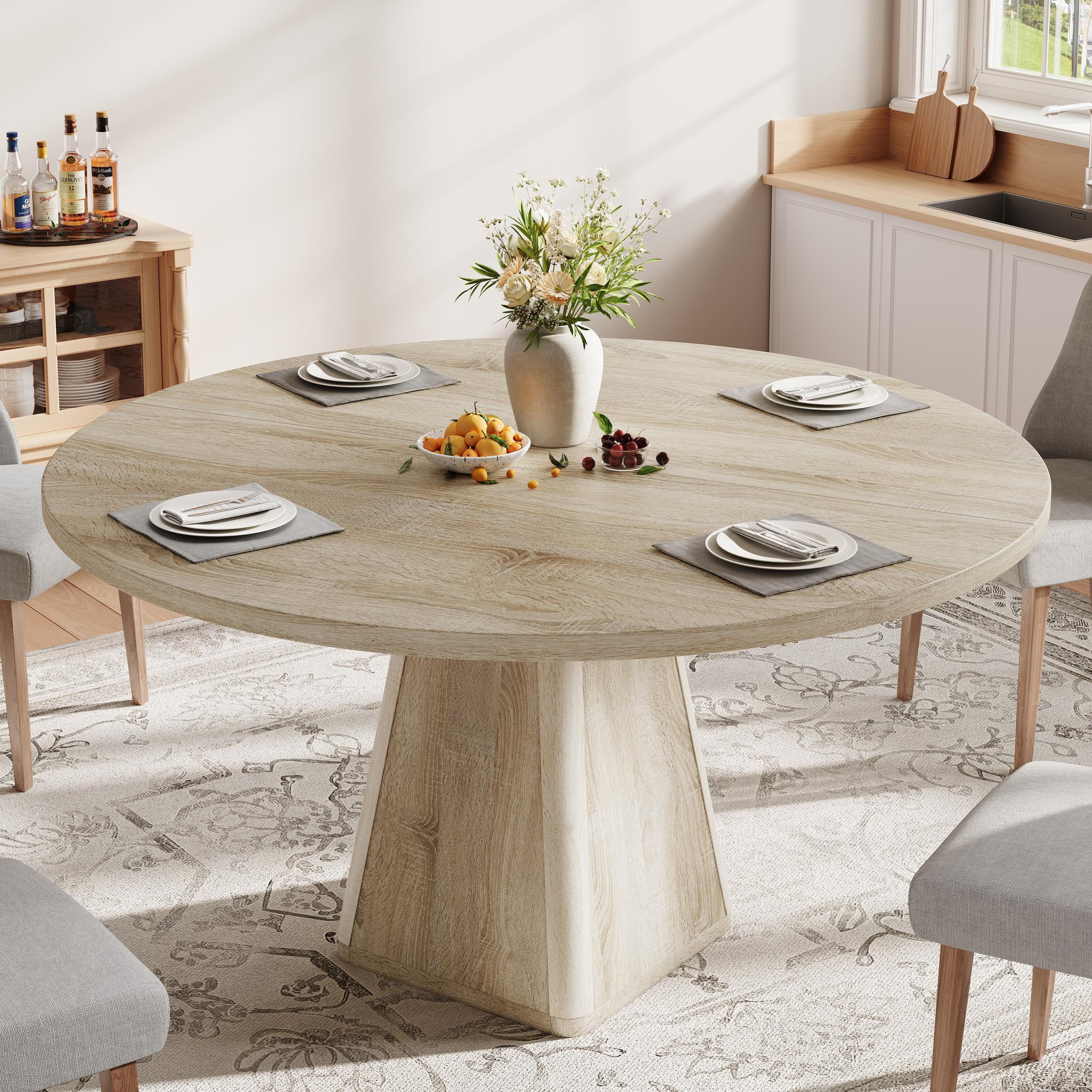 Round Dining Table for 6, LEGAHOME 47in Kitchen Dining Table with 0.7in Thick Tabletop, Wood Circle Pedestal Table for Dining Room, Natural Wood(Only Table)