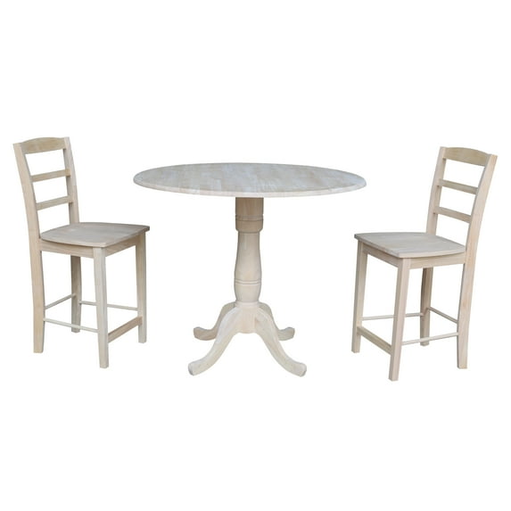 International Concepts Unfinished Solid Wood 3-Piece Dining Set with 42 in. Round Top Counter Height Table and Two Madrid Ladder Back Stools