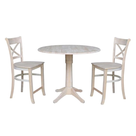 42" Round Wood Gathering Height Table with Two Counter Height Stools -Unfinished