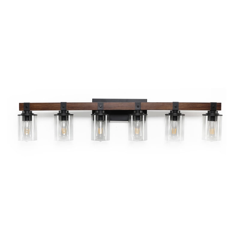 42" Rustic 6-Light Vanity Light, Industrial Bathroom Wall Sconce with Clear Glass Shades & Wood Accent, Modern Farmhouse Bathroom Light Fixture for Vanity, Powder Room (Bulbs Not Included)