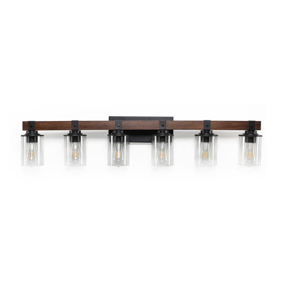42" Rustic 6-Light Vanity Light, Industrial Bathroom Wall Sconce with Clear Glass Shades & Wood Accent, Modern Farmhouse Bathroom Light Fixture for Vanity, Powder Room (Bulbs Not Included)