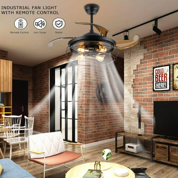 42'' Rustic Retractable Ceiling Fan Light with Remote Control, Chandelier Style, E27 Bulb Compatible, Ideal for Living Room, Bedroom, Kitchen