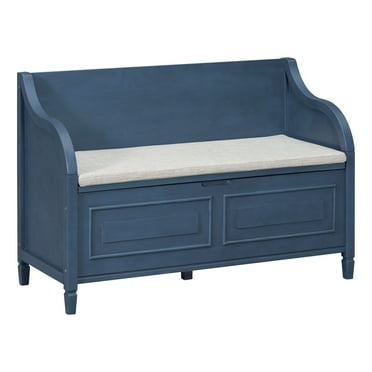42" Rustic Style Storage Bench, Solid Wood Entryway Bench with Safety Hinge,  Multifunctional Furniture for Living Room, Mudroom, Antique Navy & Beige