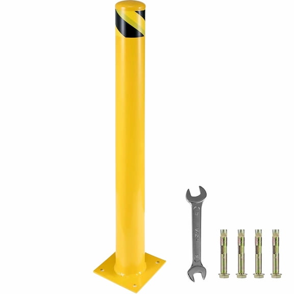 42" Safety Bollard - 5.5" OD Yellow Steel Barrier Post, Traffic Bollard with Anchor Bolts, Parking Lot Protection for Driveways, Sidewalks & Work Areas