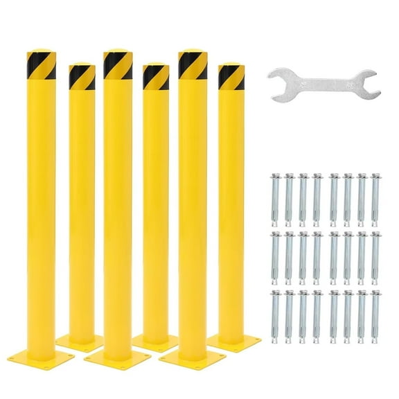 42" Safety Bollards, 6 Pack Steel Driveway Guardrail, Safety Bollards with Yellow Powder Coating and PVC Reflective Tape for Warehouses, Parking Lots, Driveways, Traffic Sensitive Areas