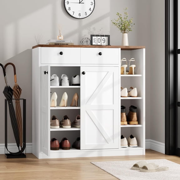 42" Shoe Cabinet with Barn-Style Doors & Drawers – Adjustable Shelf Shoe Storage with Anti-Tip, Modern Freestanding Shoe Rack Organizer for Entryway, Living Room, Hallway, White