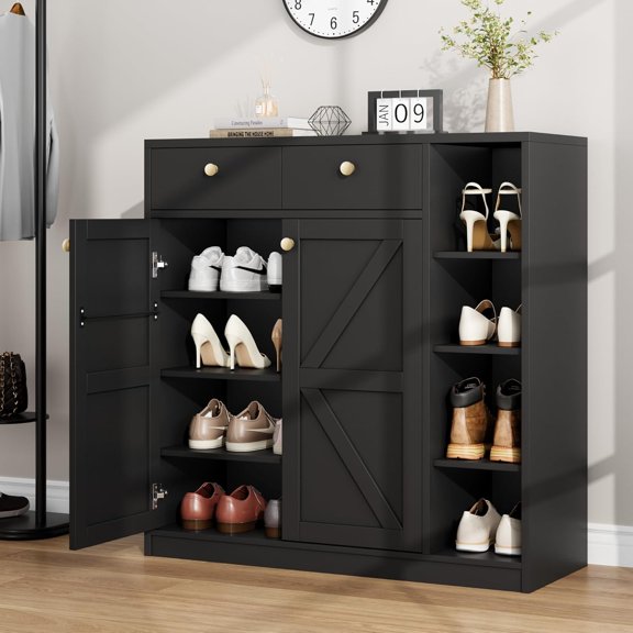 42" Shoe Storage Cabinet with Doors & Drawers - White Modern Entryway Organizer with 4 Tiers & 3 Adjustable Shelves, Stable Shoe Rack for Front Door, Hallway (Fits 12-16 Pairs)