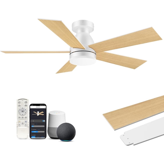 42” Smart Ceiling Fans with Lights Remote,Control via Voice Alexa App,Quiet DC Motor,Easy Installation,Modern Flush Mount Low Profile Ceiling Fan for Bedroom,Patio,White/Wood,Outdoor/Indoor Use