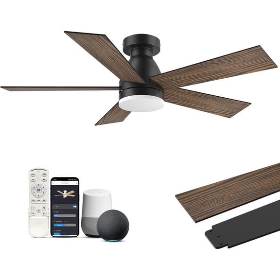 42” Smart Ceiling Fans with Lights Remote,Control via Voice Alexa/Google App,Quiet,Reversible,6-Speed,Modern Flush Mount Low Profile Ceiling Fan for Bedroom,Patio,Outdoor/Indoor Use,Black/Brown