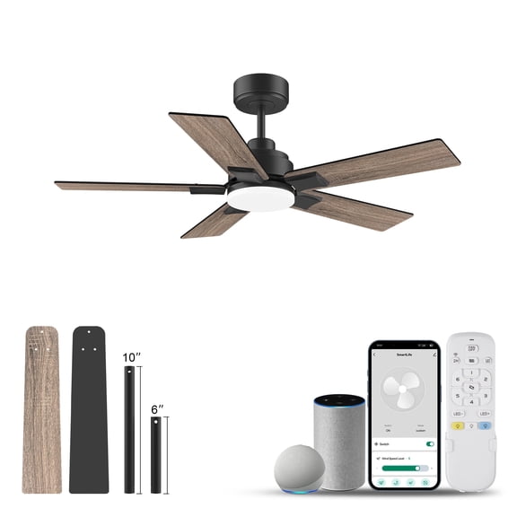 42” Smart Wood Downrod Mount Ceiling Fans with Lights Remote,Quiet DC Motor,Outdoor Indoor Low Profile Ceiling Fan,Dimmable,6-speed,for Modern Bedroom Patio