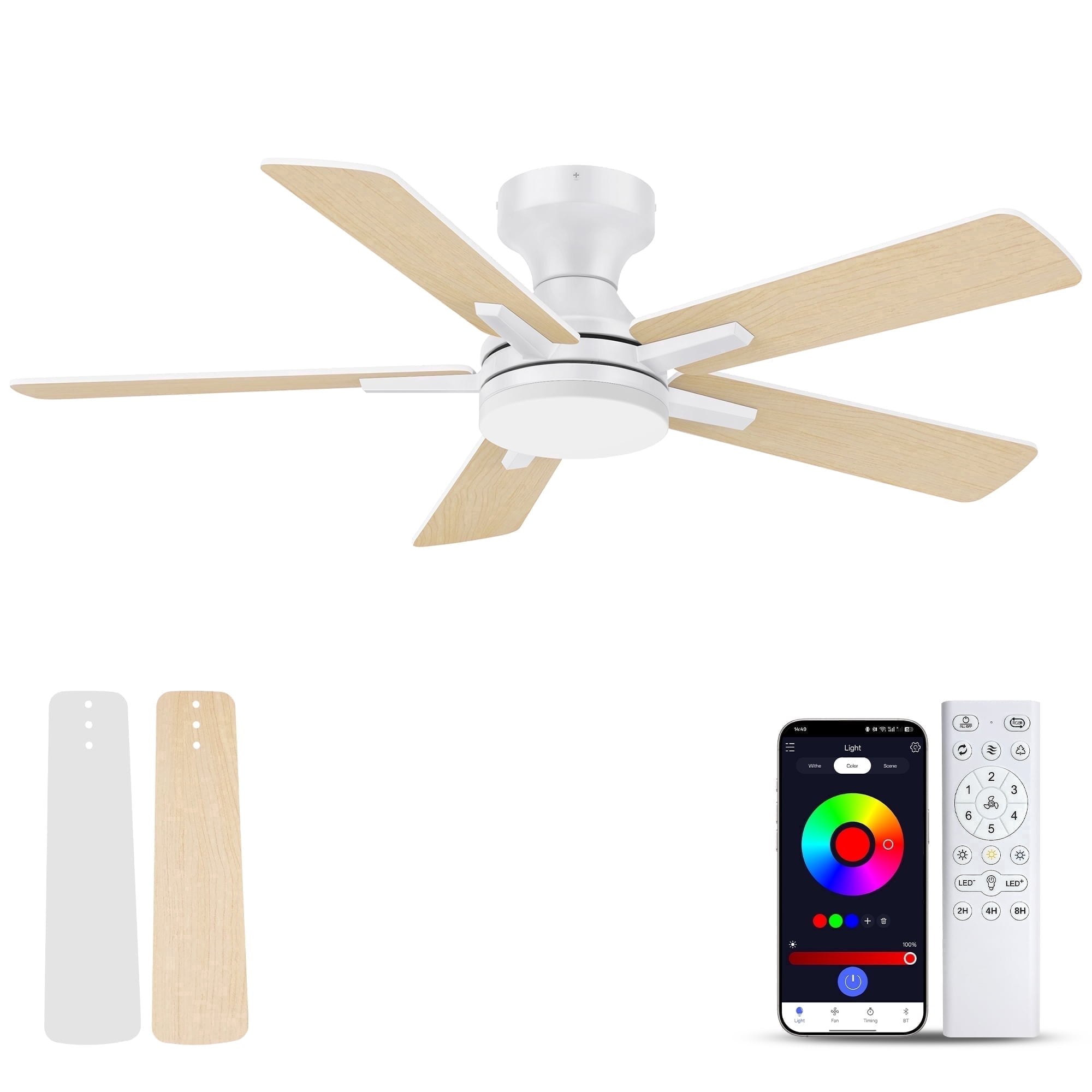42” Smart Wood Flush Mount Ceiling Fans with Lights Remote,Quiet DC Motor,Outdoor Indoor Low Profile Ceiling Fan,Dimmable,6-speed,for Modern Bedroom Patio
