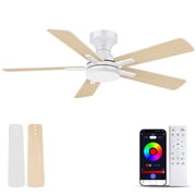 42  Smart Wood Flush Mount Ceiling Fans with Lights Remote,Quiet DC Motor,Outdoor Indoor Low Profile Ceiling Fan,Dimmable,6-speed,for Modern Bedroom Patio