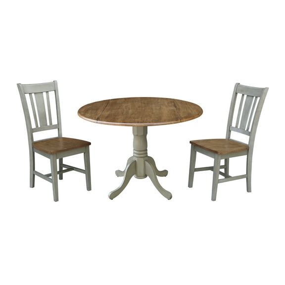 42" Solid Wood Dual Drop Leaf Pedestal Dining Table With 2 San Remo Side Chairs in Distressed Hickory/Stone by International Concepts