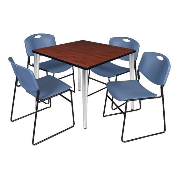 42" Square Breakroom Table- Cherry Top- Chrome Base & 4 Zeng Stack Chairs- Blue