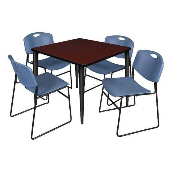 42" Square Breakroom Table- Mahogany Top- Black Base & 4 Zeng Stack Chairs- Blue