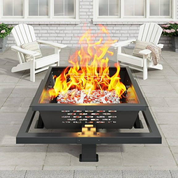 42" Square Fire Pit, Wood Burning Fire Pit with Poker for Outside