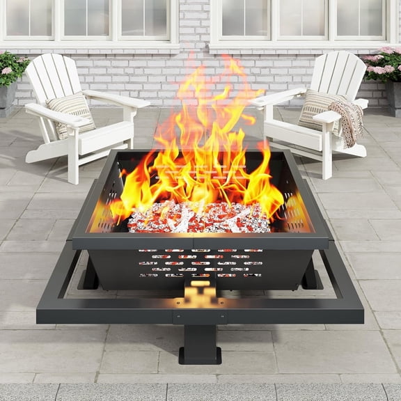 GOHONEI 42" Square Fire Pit, Wood Burning Fire Pit with Poker for Patio, Backyard, Picnic, Camping, Black
