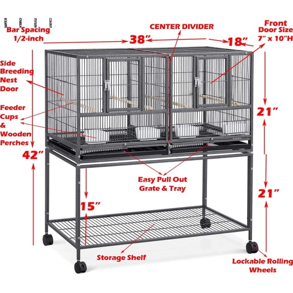 42" Stackable Double Flight Cage for Aviaries, Center Divided Breeding Design with Rolling Stand, Ideal for Cockatiels Lovebirds Finches Budgies, Black