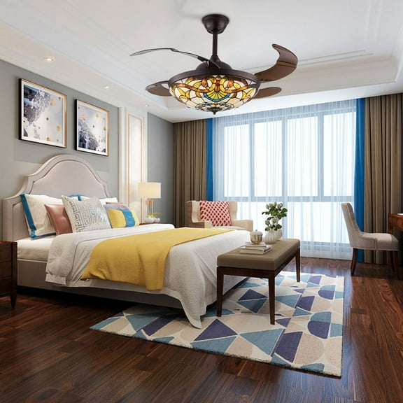 42" Stained Glass Ceiling Fan with Light and Remote Control,Vintage 4-Blades Retractable LED Chandelier Ceiling Light Fixture for Indoor Bedroom Living Room Brown