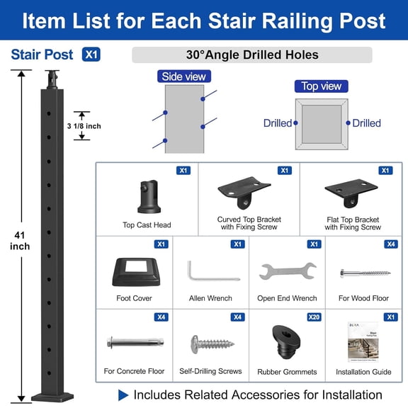 42" Stair Cable Railing Post (Post 41"x2"x2"), Stainless Steel Adjustable Line Post, Metal Stair Railing Posts, Top Mount Matte Black Cable Handrail Posts for Cable Railing Kits, BL01-SP