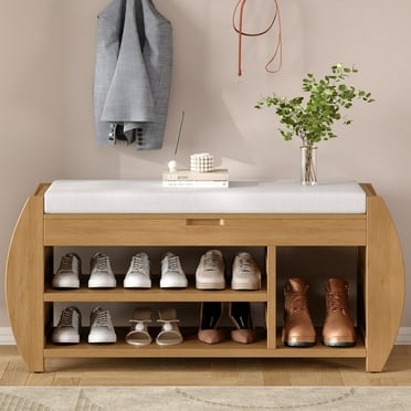 42" Storage Bench, Shoe Bench with Cushion and Curved Side Panel, Wooden Bench with Storage for Entryway, Living Room, Natural