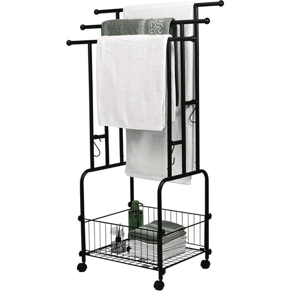 42" Tall Bathroom Towel Rack, Standing Towel Racks, 3 Tier Towel Holder with Storage Basket & 4 Hooks, Indoor Outdoor Freestanding Towel Racks with Anti-Skid Wheels, Pool Towel Blanket Stand