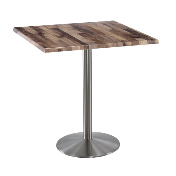 Holland 42" Stainless Round Base Square Table in 36" Rustic Top