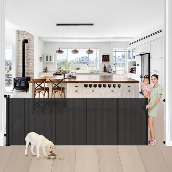 42” Tall x 100” Extra Wide Retractable Baby Gates for Doorways Extra Tall Pet Gate with Rods to Prevent Crawling Through, Dog Gate for Large Openings Extra Long Mesh Gate, Black