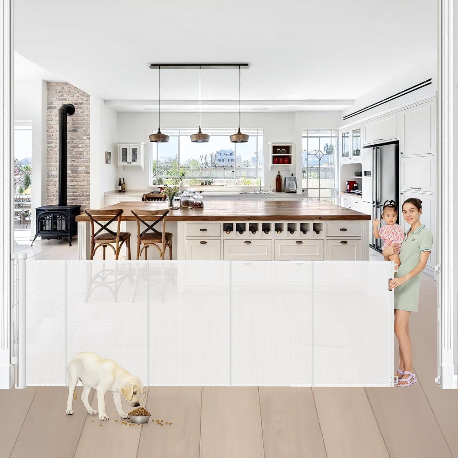 42” Tall x 100” Extra Wide Retractable  Gate for Large Openings Tall Baby Gates for Dogs Pet Gate with Rods to Prevent Crawling Through, Extra Wide Mesh Dog Gate, White