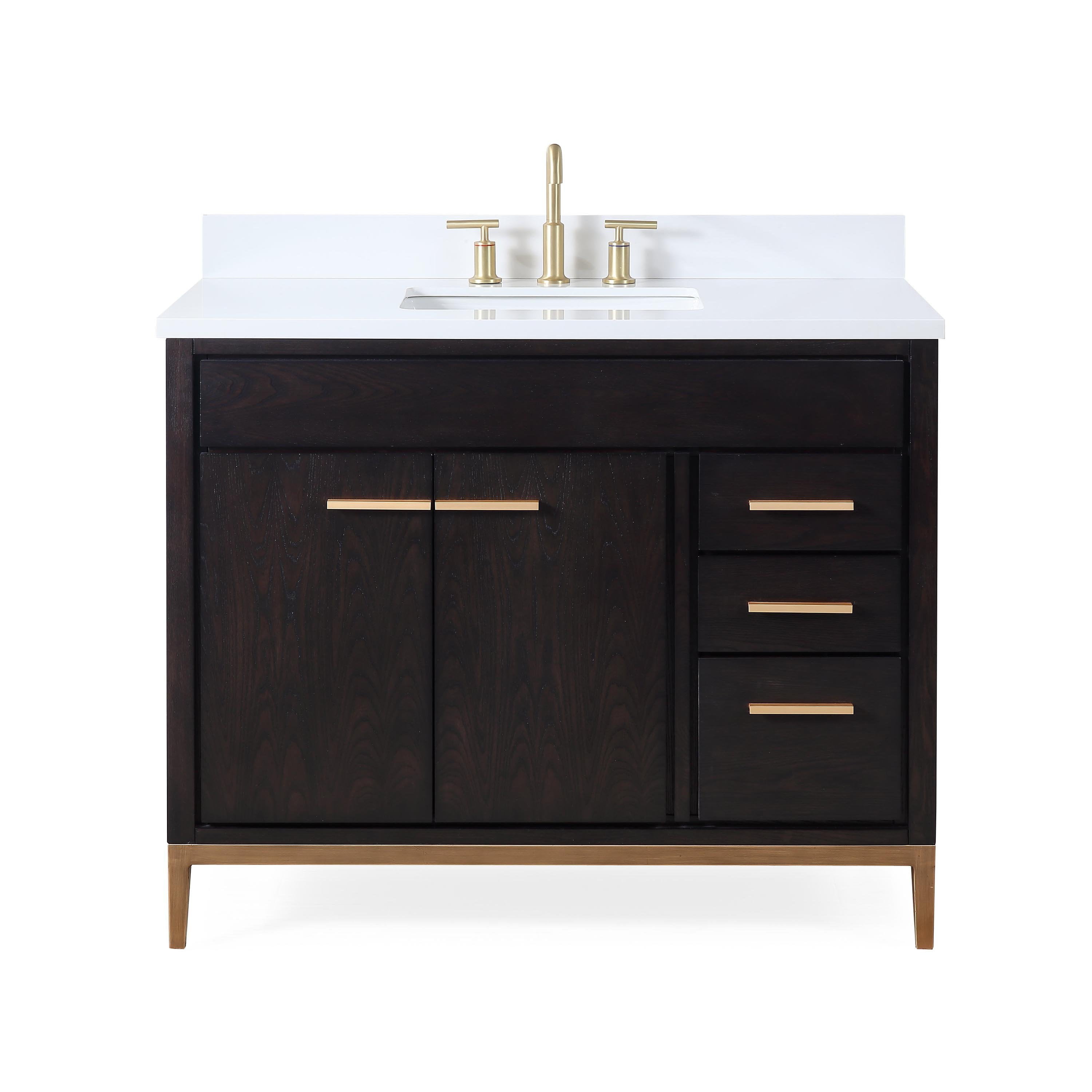 42" Dark Wood and Gold Freestanding Bathroom Vanity with White Quartz Top