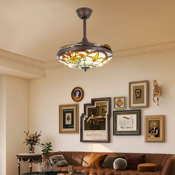 42 Tiffany Style Retractable Ceiling Fan with LED Chandelier, 3-Color Change, Remote Control, 3 Speed Settings, Modern Acrylic & Copper Design for Bedroom and Living Room