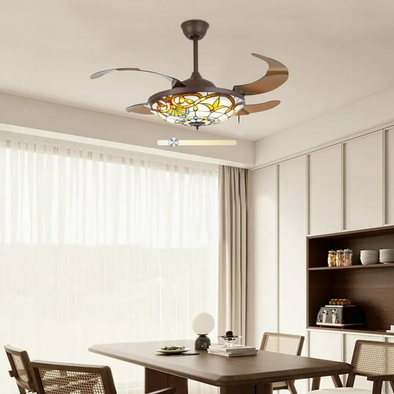 42” Tiffany Style Retractable Ceiling Fan with LED Chandelier, 3-Color Change, Remote Control, 3 Speed Settings, Modern Acrylic & Copper Design for Bedroom and Living Room