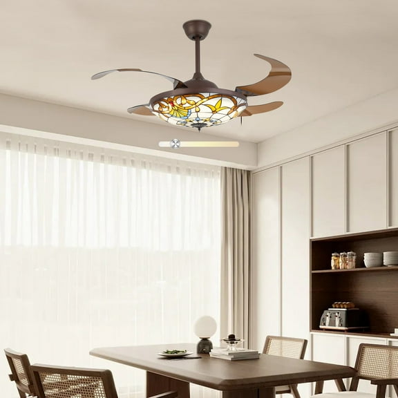 42 Tiffany Style Retractable Ceiling Fan with LED Chandelier, 3-Color Change, Remote Control, 3 Speed Settings, Modern Acrylic & Copper Design for Bedroom and Living Room